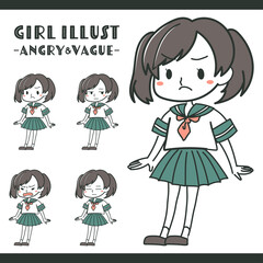 Fototapeta premium 表情豊かな女子学生のイラストセット 怒り・ぼんやり