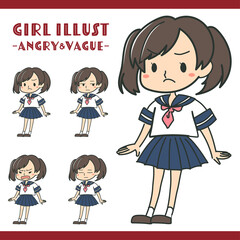 表情豊かな女子学生のイラストセット　怒り・ぼんやり　カラー