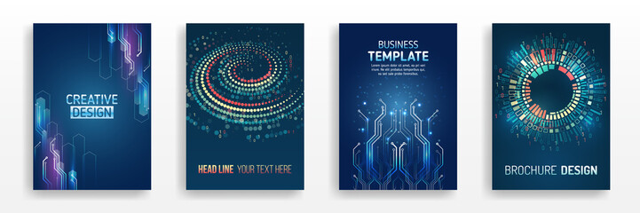 Abstract vector template in hi-tech style. Modern cover design using tech elements and data visualization. Futuristic layout for presentation, poster, leaflet, annual report, a4 size.
