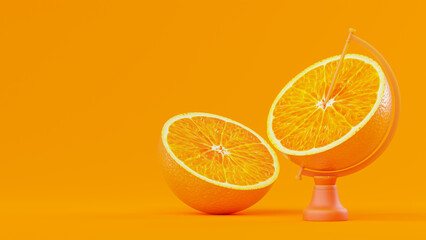 Orange is divided into two halves. lay on floor with on rotating platform. minimal idea concept, 3D Render.