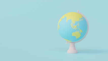 Yellow and blue globe on pink stand. Designed in pastel tones. Space for banner and logo, 3D Render.