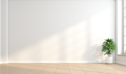 Minimalist empty room with white wall and wooden floor and indoor green plants. 3d rendering