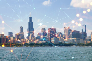 Fototapeta na wymiar City view, downtown skyscrapers, Chicago skyline panorama over Lake Michigan, harbor area, day time, Illinois, USA. Social media hologram. Concept of networking and establishing new people connections