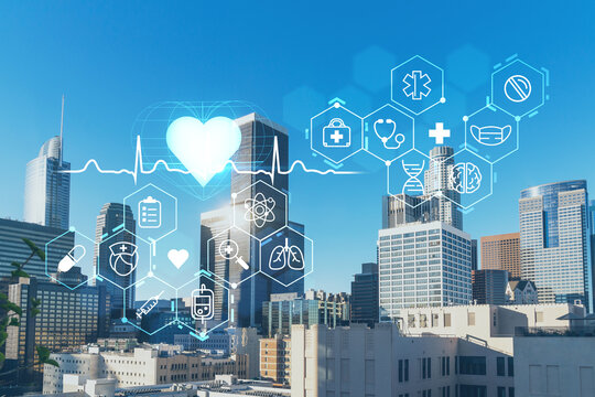 Panorama cityscape of Los Angeles downtown at day time, California, USA. Skyscrapers of LA city. Hologram healthcare digital medicine icons. The concept of treatment from disease, Threat of pandemic
