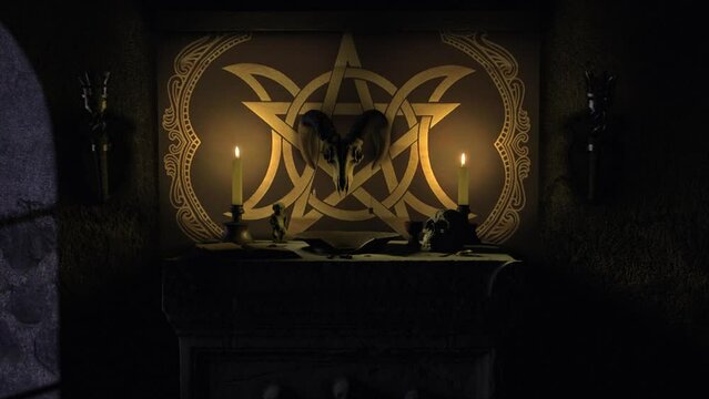 Dramatic moonlit dolly shot 3D render of a dark chapel scene with a Satanic Pagan style ancient stone altar, with grimoire, bleeding bowl, mystical objects and a ram's skull mounted on a pentacle