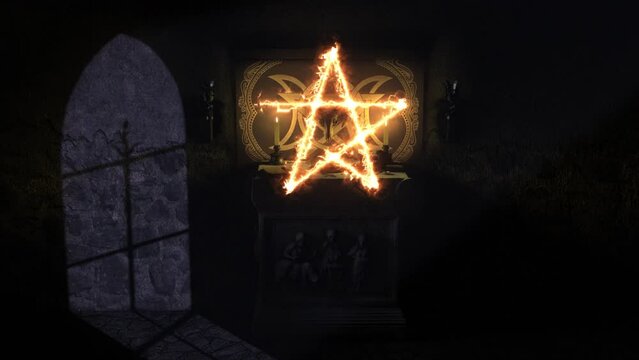 Moonlit rising 3D CGI shot of a dark chapel scene with a Satanic Pagan style ancient stone altar, with grimoire, bleeding bowl, mystical objects and a firey pentacle magically appearing in the air