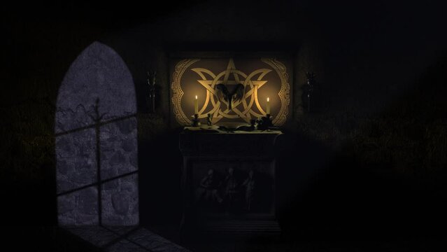 Dramatic moonlit rising 3D CGI shot of a dark chapel scene with a Satanic Pagan style ancient stone altar, with grimoire, bleeding bowl, mystical objects and a ram's skull mounted on a pentacle