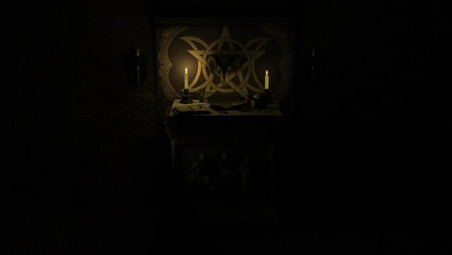 Photorealistic 3D CGI render of a dark candle-lit chapel scene with a Satanic Pagan style ancient stone altar, with grimoire, bleeding bowl, mystical objects and a ram's skull mounted on a pentacle