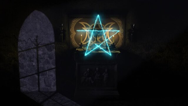 Moonlit rising 3D CGI shot of a dark chapel with a Satanic Pagan style ancient stone altar, with grimoire, bleeding bowl, mystical objects and an eerie blue pentacle magically appearing in the air