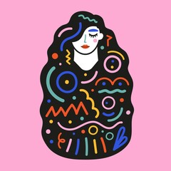 Abstract print design with long hair woman and doodle elements. Colored poster, fashion pattern with geometric elements