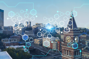 Seattle aerial skyline panorama of downtown at day time, Washington USA. Decentralized economy. Blockchain, cryptography and cryptocurrency concept, hologram