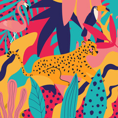 Tropical flowers and leaves poster background with flamingo, toucan and leopard. Colorful summer vector illustration design. Exotic tropical art print for travel and holiday, fabric and fashion	