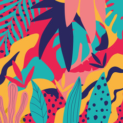 Colorful tropical leaves and flowers poster background vector illustration. Exotic plants, branches, flowers and leaves art print for beauty and natural products, spa and wellness, fabric and fashion 