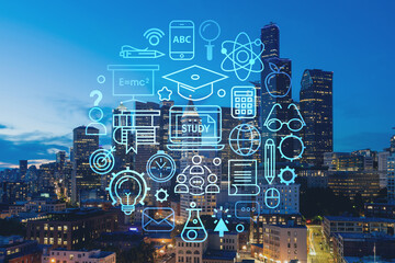 Illuminated aerial cityscape of Seattle, downtown at night time, Washington, USA. Technologies and education concept. Academic research, top ranking university, hologram