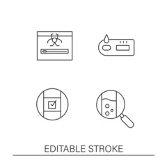 Testing virus line icons set. Coronavirus testing process. Health checking. Medicine concepts. Isolated vector illustrations. Editable stroke