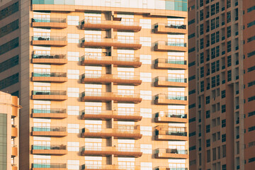 Wall With A Balcony Of New Empty Modern Multi-storey Residential Building House In Residential Area. Background. Close Up Details.