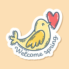 A bird with heart and lettering Welcome spring