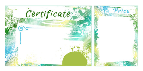 Set for business design, certificate and price list template. Watercolor abstract frames, blue and green gradient with texture. Certificate, diploma for printing