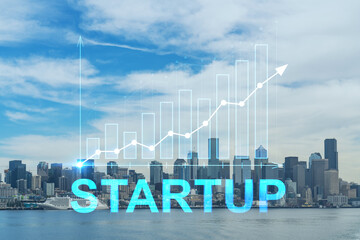 Seattle skyline with waterfront view. Skyscrapers of financial downtown at day time, Washington, USA. Startup company, launch project to seek and develop scalable business model, hologram