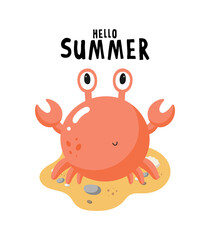  Cute Crab on the Beach. Vector illustration in cartoon style. For card, posters, banners, books, printing on the pack, printing on clothes, fabric, wallpaper, textile or dishes.