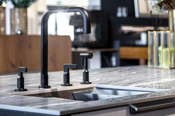 Black faucet with a steel sink in a stylish modern kitchen.