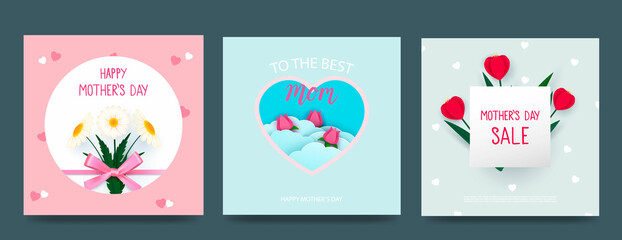 Fototapeta na wymiar Set of Mother s Day cards with hearts and spring flowers in pastel colors. Heart shaped vector love symbols for Mother s Day greeting card design.