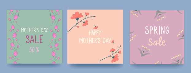 Mother s Day card set with hearts and spring flowers in pastel colors. Vector