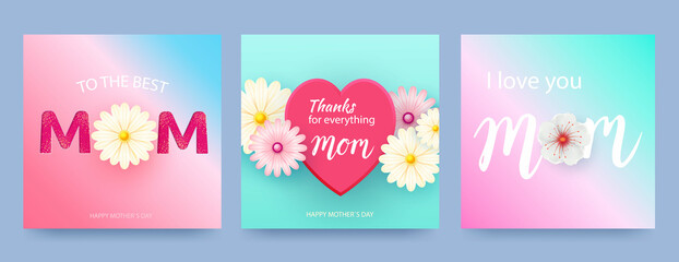 Set of Mother s Day cards with hearts and spring flowers in pastel colors. Heart shaped vector love symbols for Mother s Day greeting card design. Vector