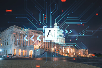 Front view, Capitol dome building at night, Washington DC, USA. Illuminated Home of Congress and Capitol Hill. Artificial Intelligence concept, hologram. AI, machine learning, neural network, robotics