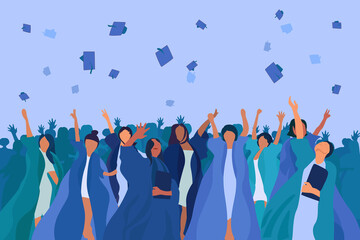 Graduates rejoice and throw their academic hats in the air, graduation students have fun, illustration in blue tones