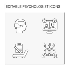  Psychologist line icons set. Consultation with doctor. Psychotherapy about mental problems. Mental health concepts. Isolated vector illustrations. Editable stroke