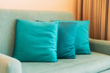 Sofa With Pillow In Room. Upholstered furniture.