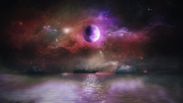 Space Caravels Fleet Ocean Extraterrestrial Landscape Ghostly Scene. Full moon over a foggy ocean with ghostly caravel silhouettes cruising the horizon. Outer space concept scene