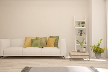 White living room with sofa. Scandinavian interior design. 3D illustration