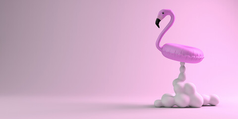 Summer concept with flamingo float taking off with cartoon smoke. Copy space. 3D illustration.