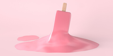 Melted strawberry ice cream. Summer concept. Copy space. 3D illustration.