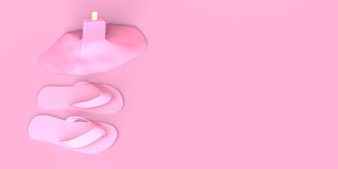 Summer concept with melted strawberry ice cream and flip flops. Copy space. 3D illustration.