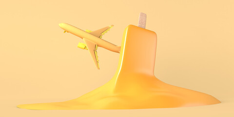 Summer vacation concept with melted orange ice cream and airplane. Copy space. 3D illustration.