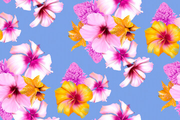 Fototapeta na wymiar Pink Hibiscus Flowers, Yellow Orchids, Bouquets DIY Seamless Patterns