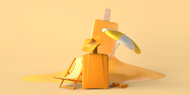 Summer concept with melted orange ice cream with suitcase, beach chair and umbrella. Copy space. 3D illustration.
