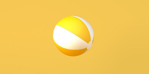 Beach ball on yellow background. Summer concept. Copy space. 3D illustration.