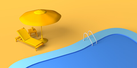 Summer concept with swimming pool with ladders, umbrella, sun lounger and soft drink. Copy space. 3D illustration.