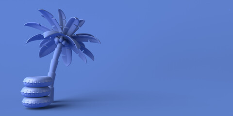 Summer vacation concept with inflatable float and palm tree. Copy space. 3D illustration.