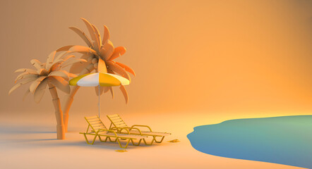 Fototapeta na wymiar Summer vacation concept with beach loungers on the shore and palm trees. Copy space. 3D illustration.