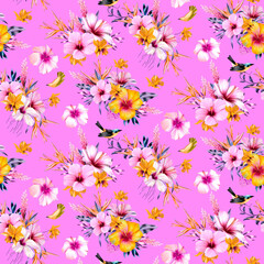 Tropical Seamless Pink Yellow Orchid Pattern Hibiscus Bird of Paradise