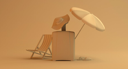 Summer vacation concept with suitcase, umbrella, hat and beach chair. Copy space. 3D illustration.