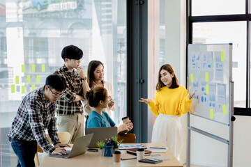 Meeting rooms where people are giving presentations, they are having a brainstorming meeting, planning meetings to manage the company's growth and profit. Management concept from the new generation.