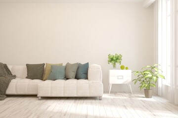 White living room with sofa. Scandinavian interior design. 3D illustration