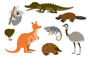 Obraz premium Australian animals in cute cartoon vector set. Funny illustrations of rare and unique fauna of Australia EPS