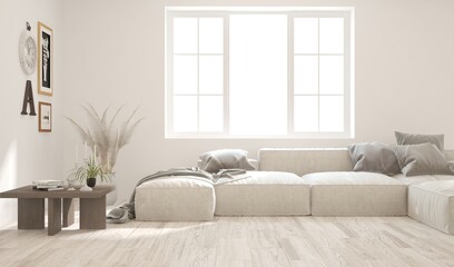 White living room with sofa. Scandinavian interior design. 3D illustration